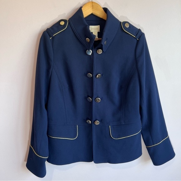 CHICOS NWT Long Sleeve Navy and Gold Military Structured Jacket Size 1 Medium - Picture 2 of 15